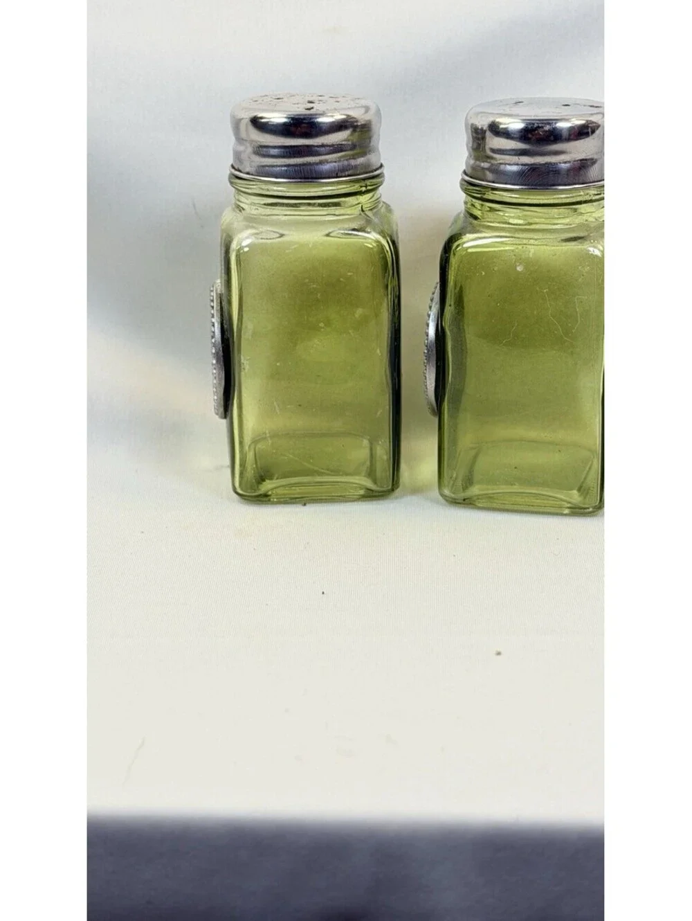 Grasslands Road Celtic Salt And Pepper Shaker Green Glass, Pewter